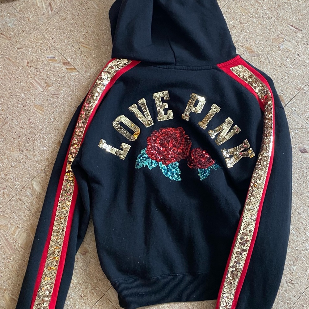 PINK Victoria's Secret Black Hoodie with Gold Sequins and Red Details